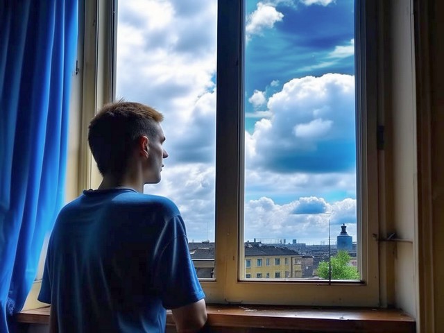 Грустный человек смотрит в окно с пасмурным небом