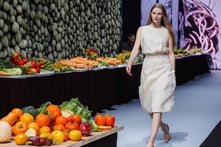Девушка=модель идет по подиуму, вокруг которого стоят столы с овощами и фруктами