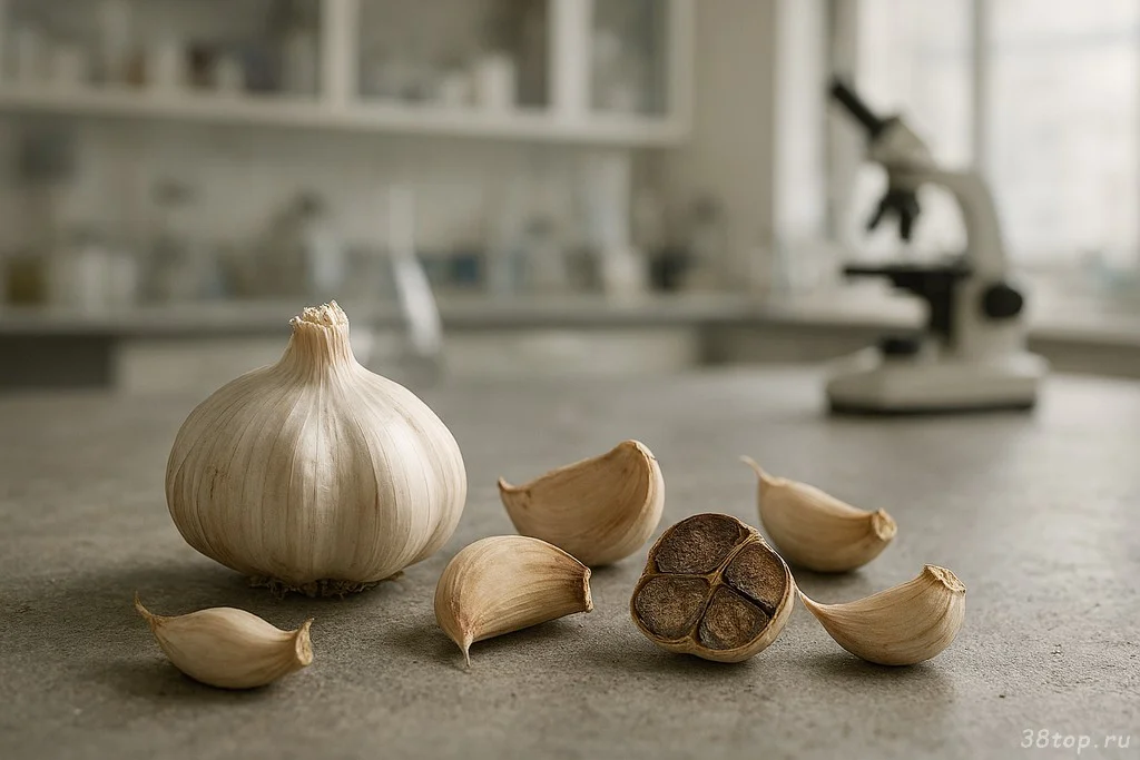 Выдержанные чеснок на столе в лаборатории