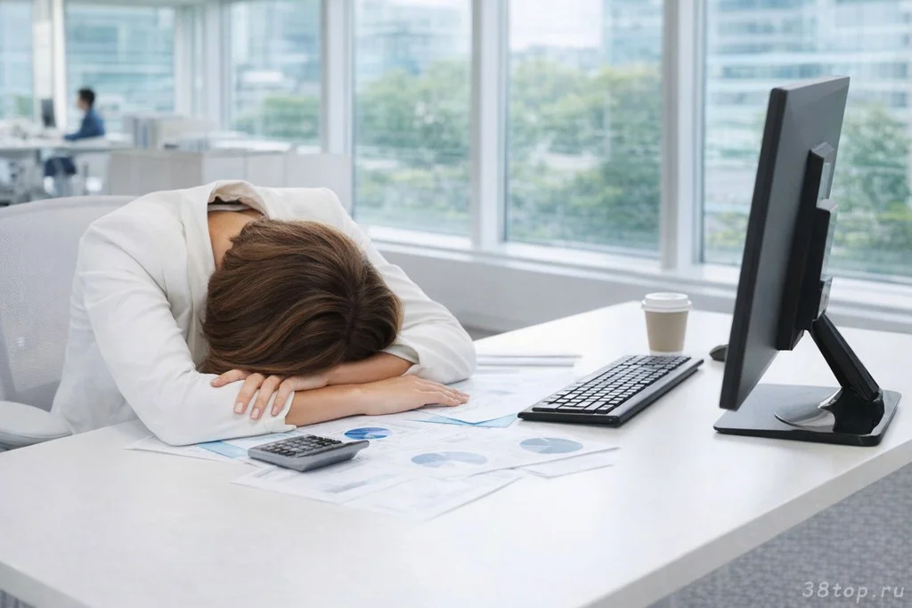 Женщина с хронической усталостью спит за рабочим столом в светлом офисе