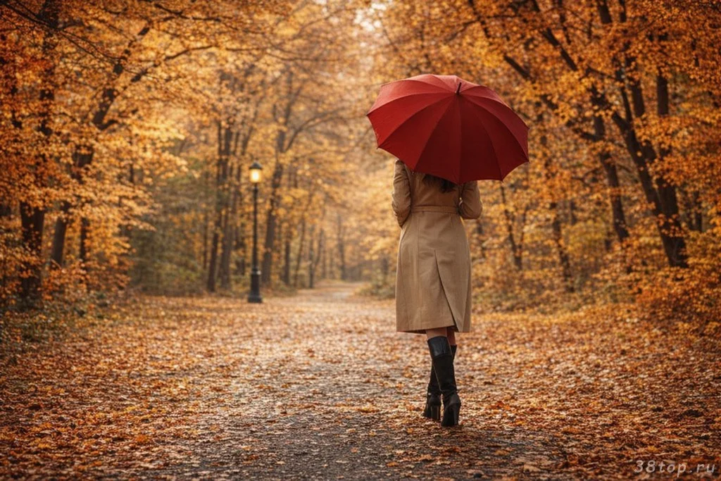 Женщина с зонтом идёт по осеннему парку