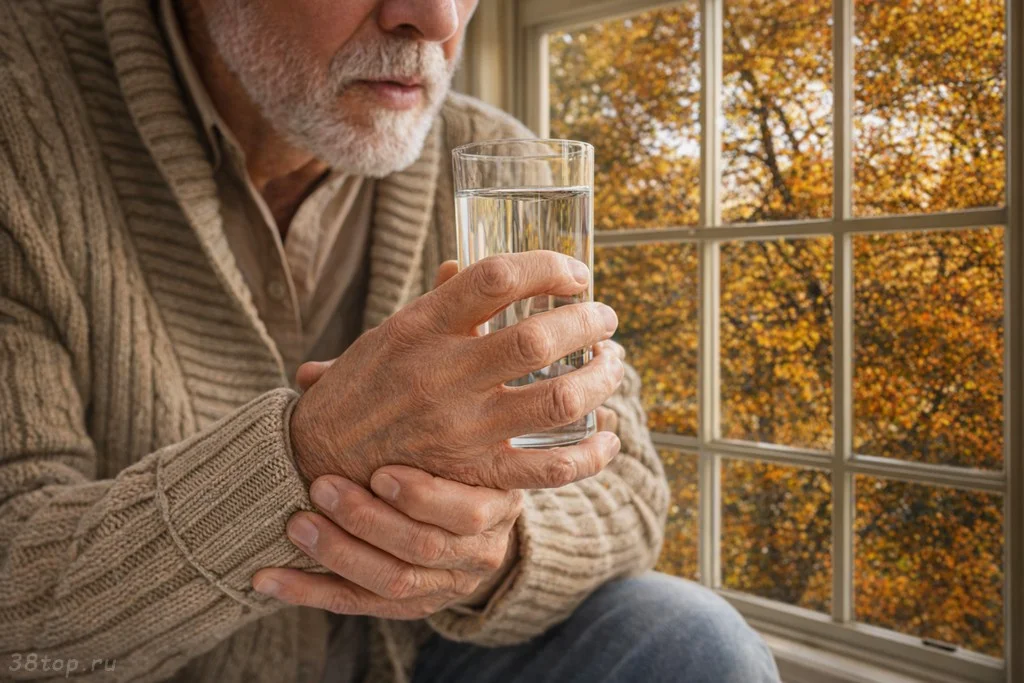 Пожилой мужчина с болезнью Паркинсона со стаканом воды у окна